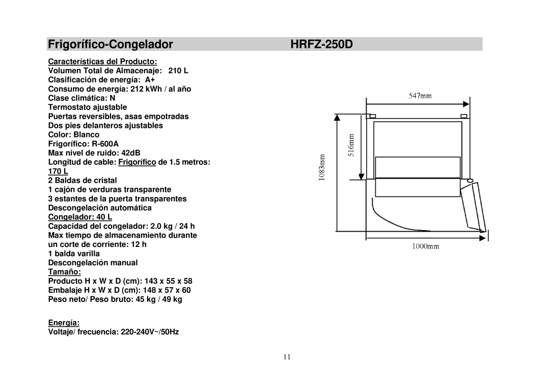 Haier HRFZ-250D AA manual Frigorífico-CongeladorHRFZ-250D 