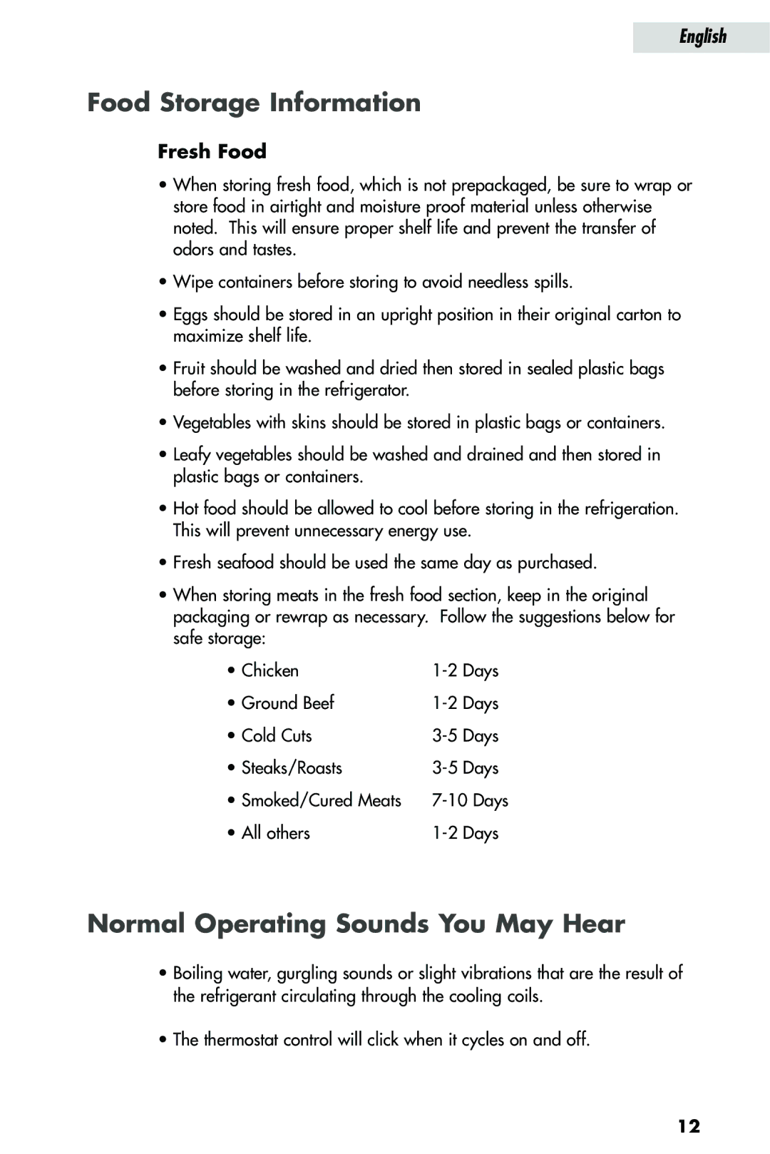 Haier HRQ02WNA, HRQ03WNA user manual Food Storage Information, Normal Operating Sounds You May Hear, Fresh Food 