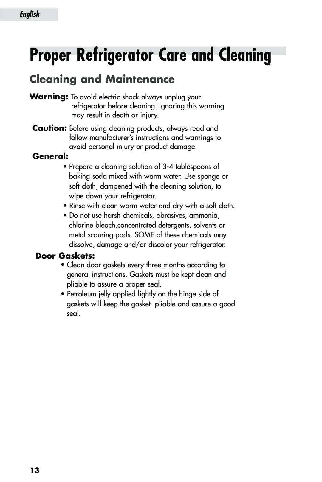 Haier HRQ03WNA, HRQ02WNA user manual Cleaning and Maintenance, General, Door Gaskets 