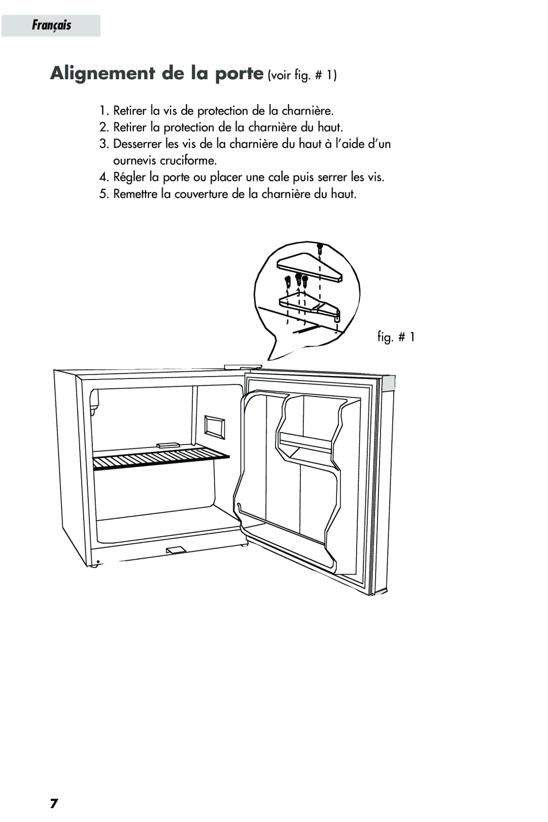 Haier HRQ03WNA, HRQ02WNA user manual Alignement de la porte voir fig. #, Fig. # 