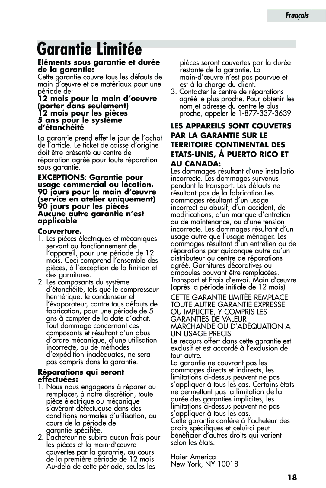 Haier HRQ02WNA, HRQ03WNA user manual Garantie Limitée, Eléments sous garantie et durée de la garantie 