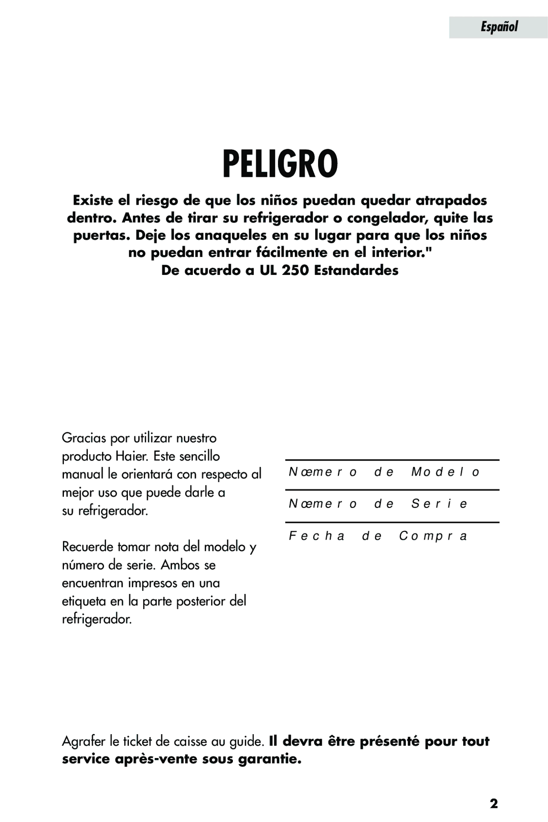 Haier HRQ02WNA, HRQ03WNA user manual Peligro 