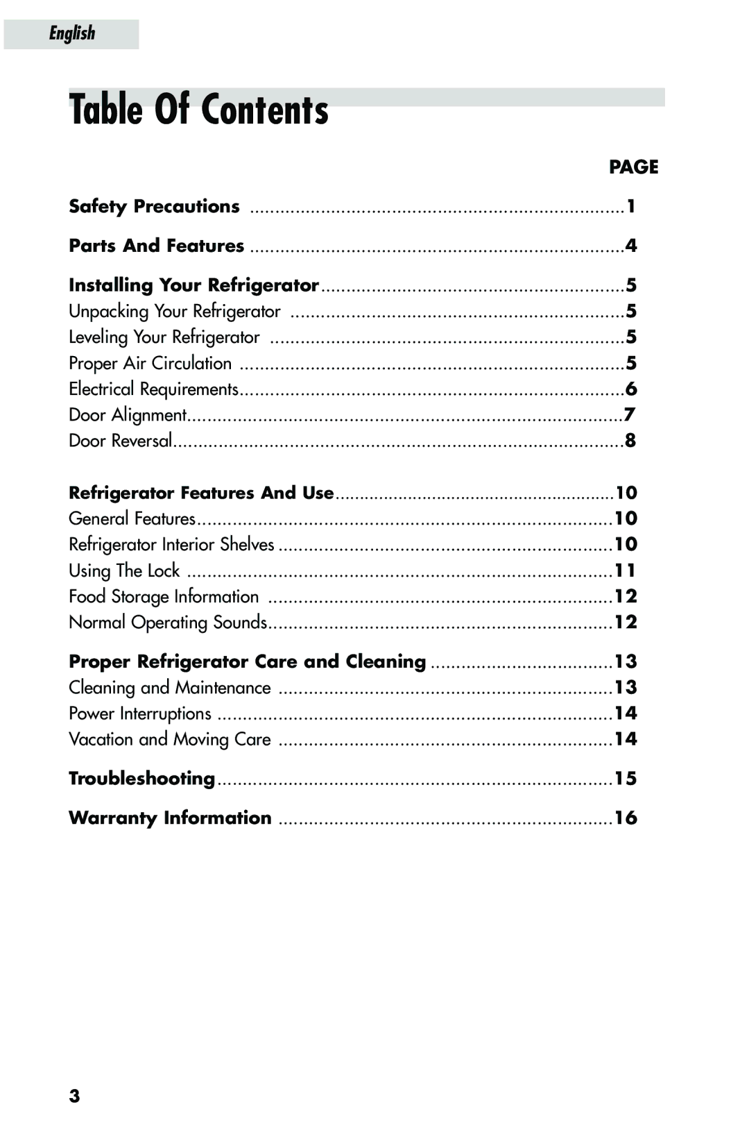 Haier HRQ03WNA, HRQ02WNA user manual Table Of Contents 