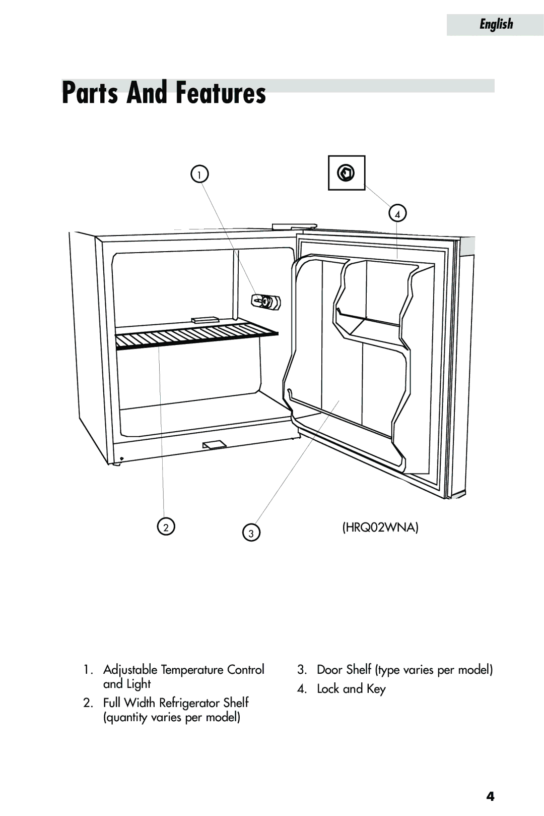 Haier HRQ02WNA, HRQ03WNA user manual Parts And Features 