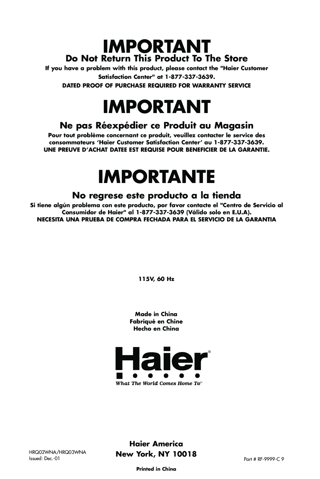 Haier HRQ03WNA, HRQ02WNA user manual Importante 