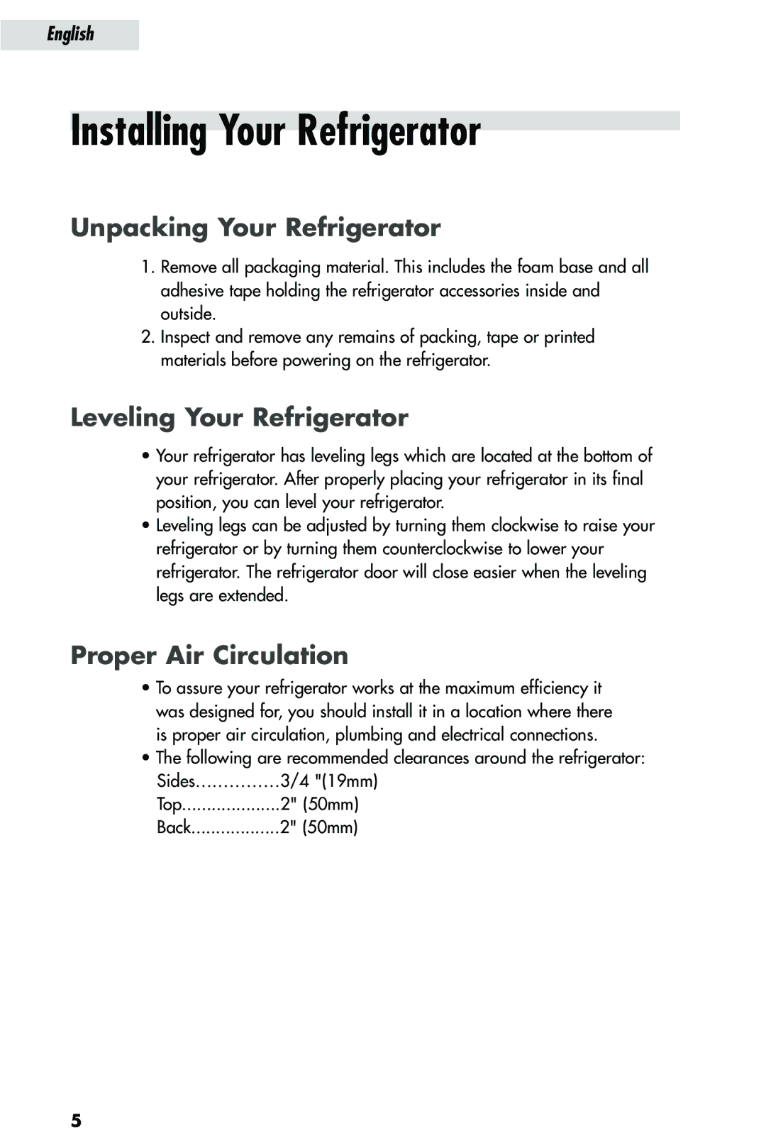 Haier HRQ03WNA, HRQ02WNA user manual Installing Your Refrigerator, Unpacking Your Refrigerator, Leveling Your Refrigerator 