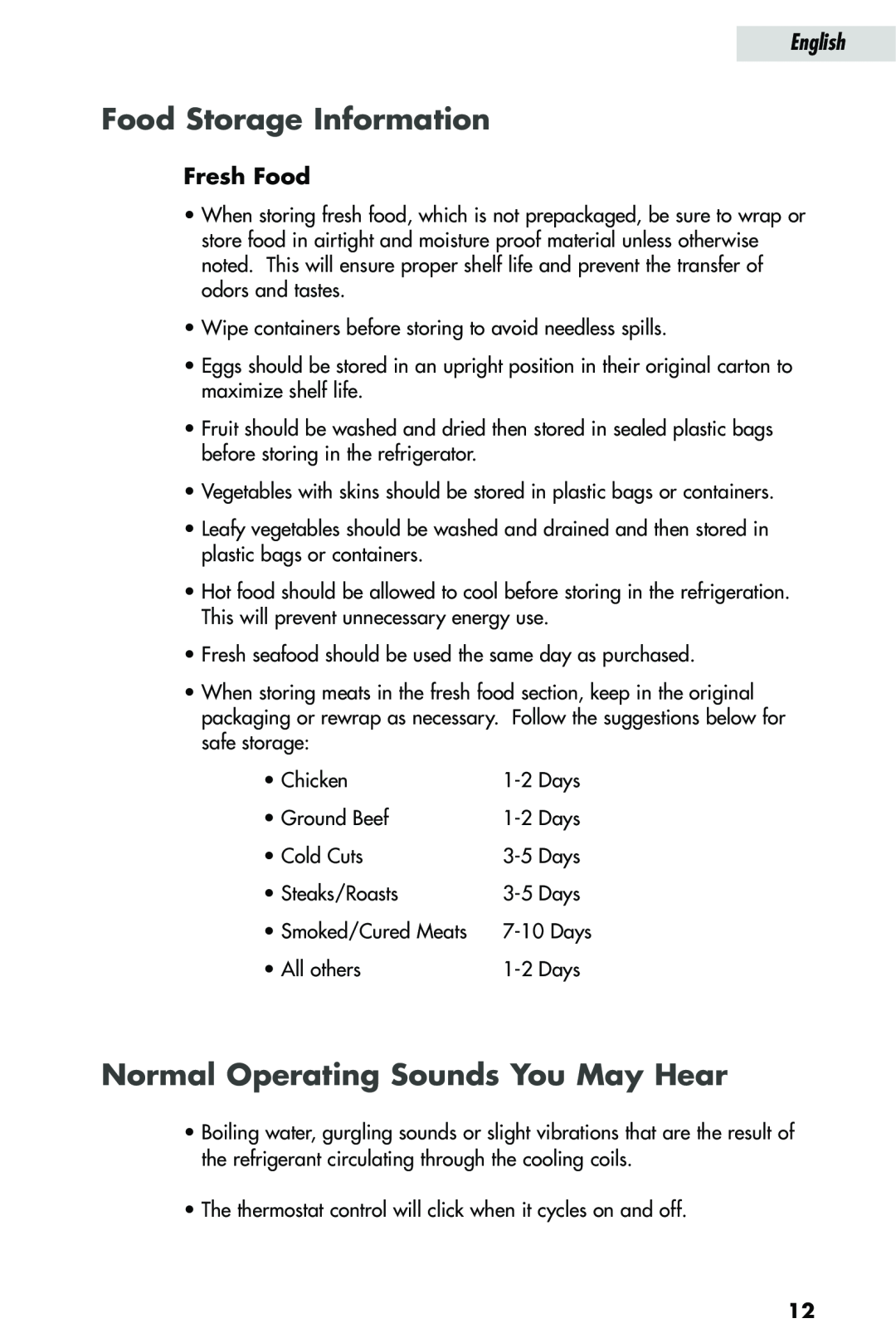 Haier HRQ02WNA, HRQ03WNA user manual Food Storage Information, Normal Operating Sounds You May Hear, Fresh Food, English 