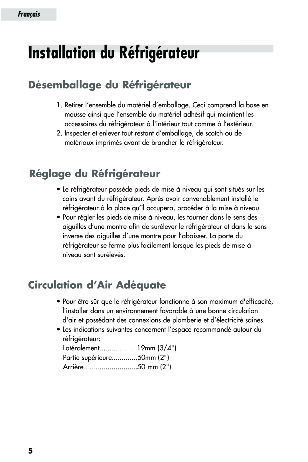 Haier HRQ03WNA, HRQ02WNA Installation du Réfrigérateur, Désemballage du Réfrigérateur, Réglage du Réfrigérateur, Français 