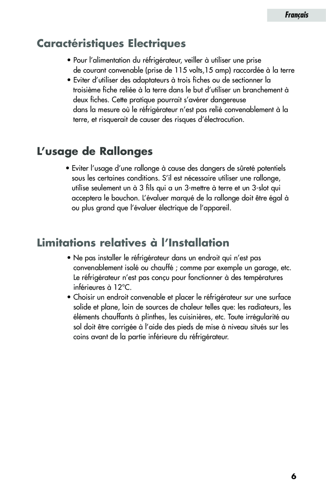 Haier HRQ02WNA Caractéristiques Electriques, L’usage de Rallonges, Limitations relatives à l’Installation, Français 