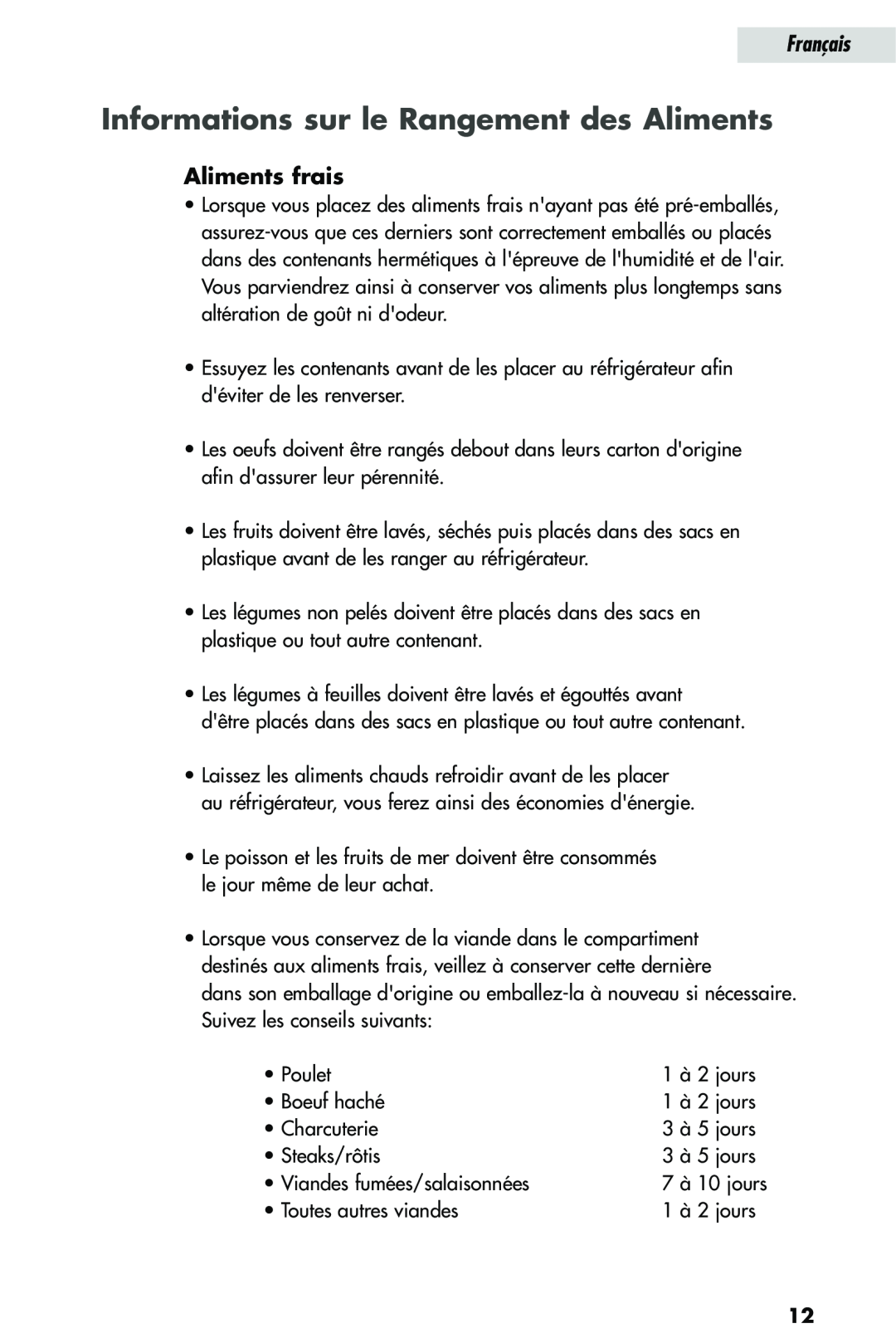 Haier HRQ02WNA, HRQ03WNA user manual Informations sur le Rangement des Aliments, Aliments frais, Français 