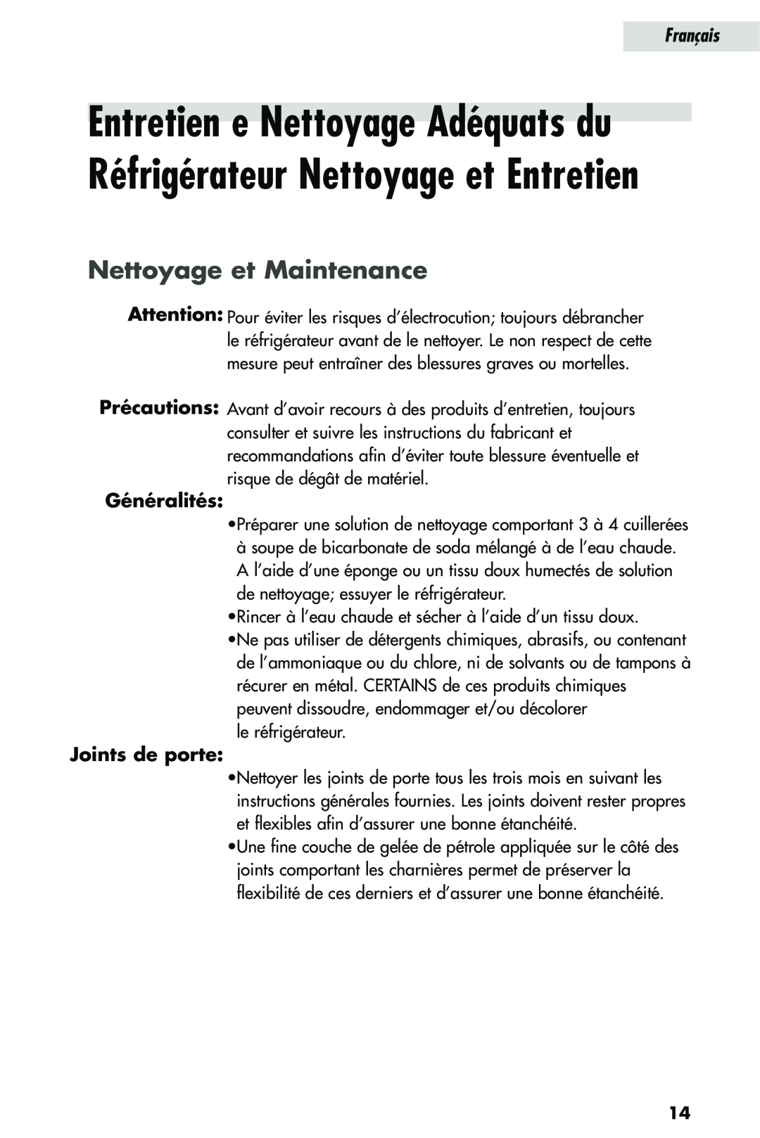 Haier HRQ02WNA, HRQ03WNA user manual Nettoyage et Maintenance, Généralités, Joints de porte, Français 