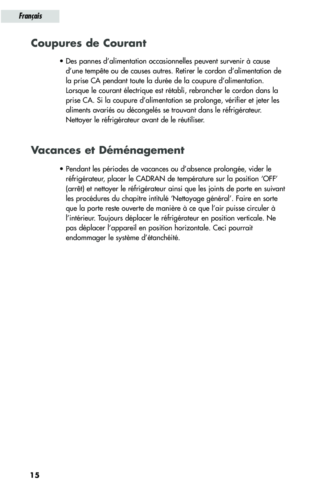 Haier HRQ03WNA, HRQ02WNA user manual Coupures de Courant, Vacances et Déménagement, Français 