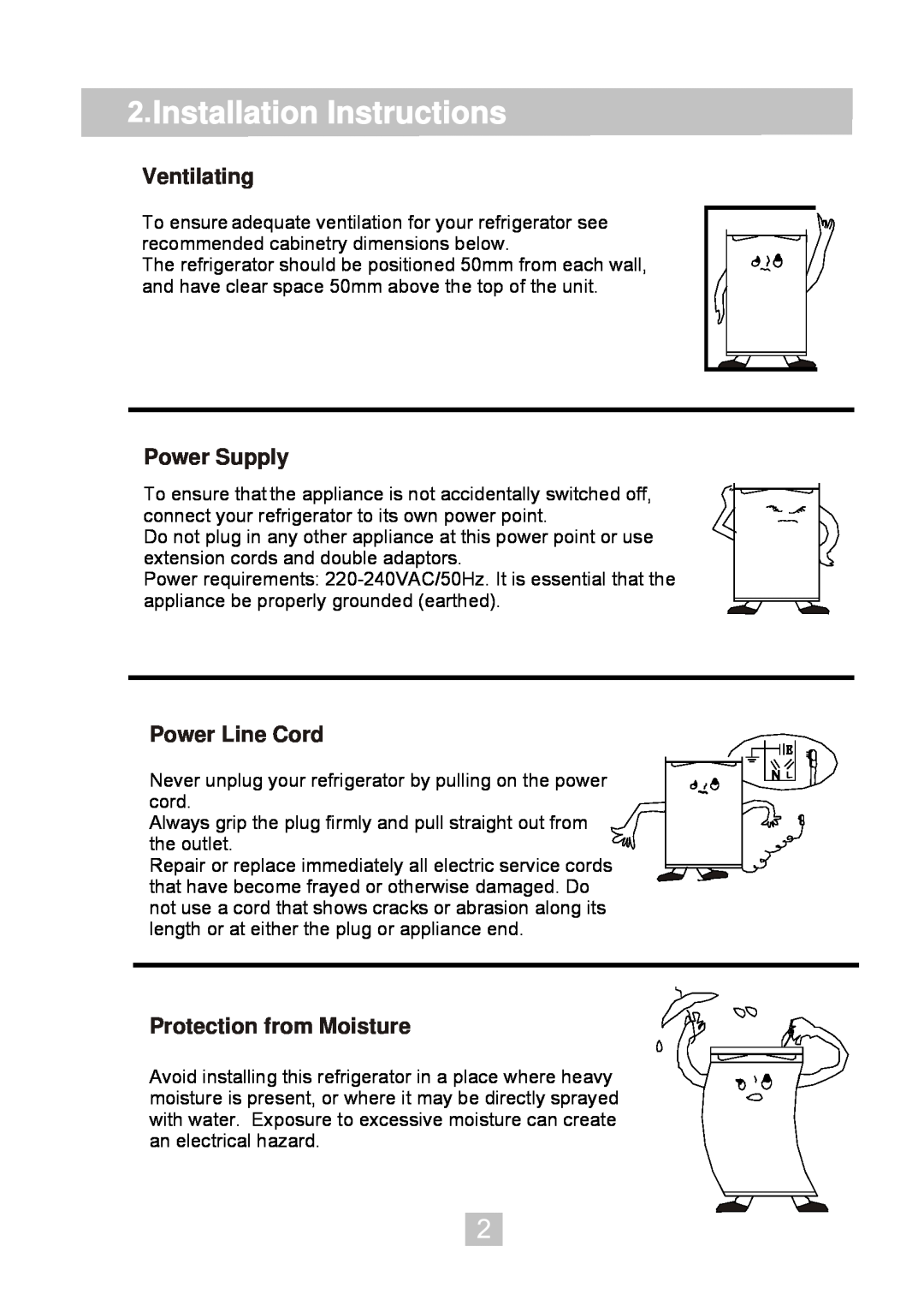 Haier HRZ-40 manual Installation Instructions, Ventilating, Power Supply, Power Line Cord, Protection from Moisture 