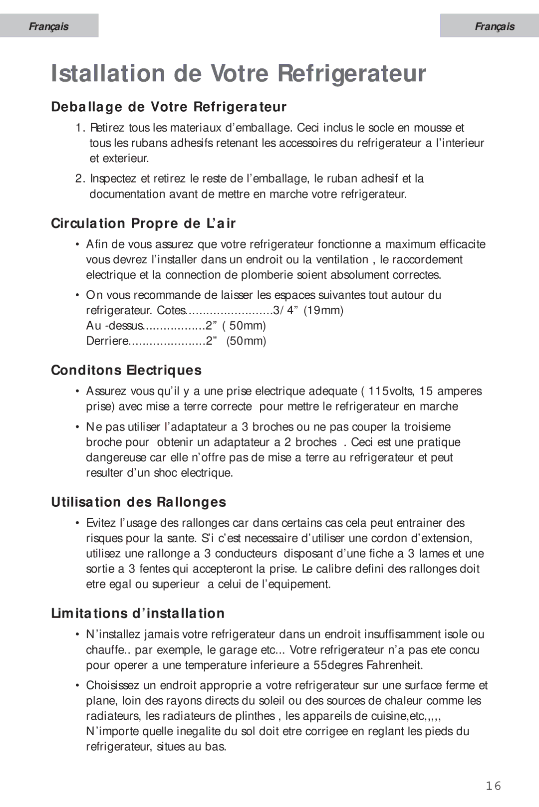 Haier HSA02WNC user manual Istallation de Votre Refrigerateur 