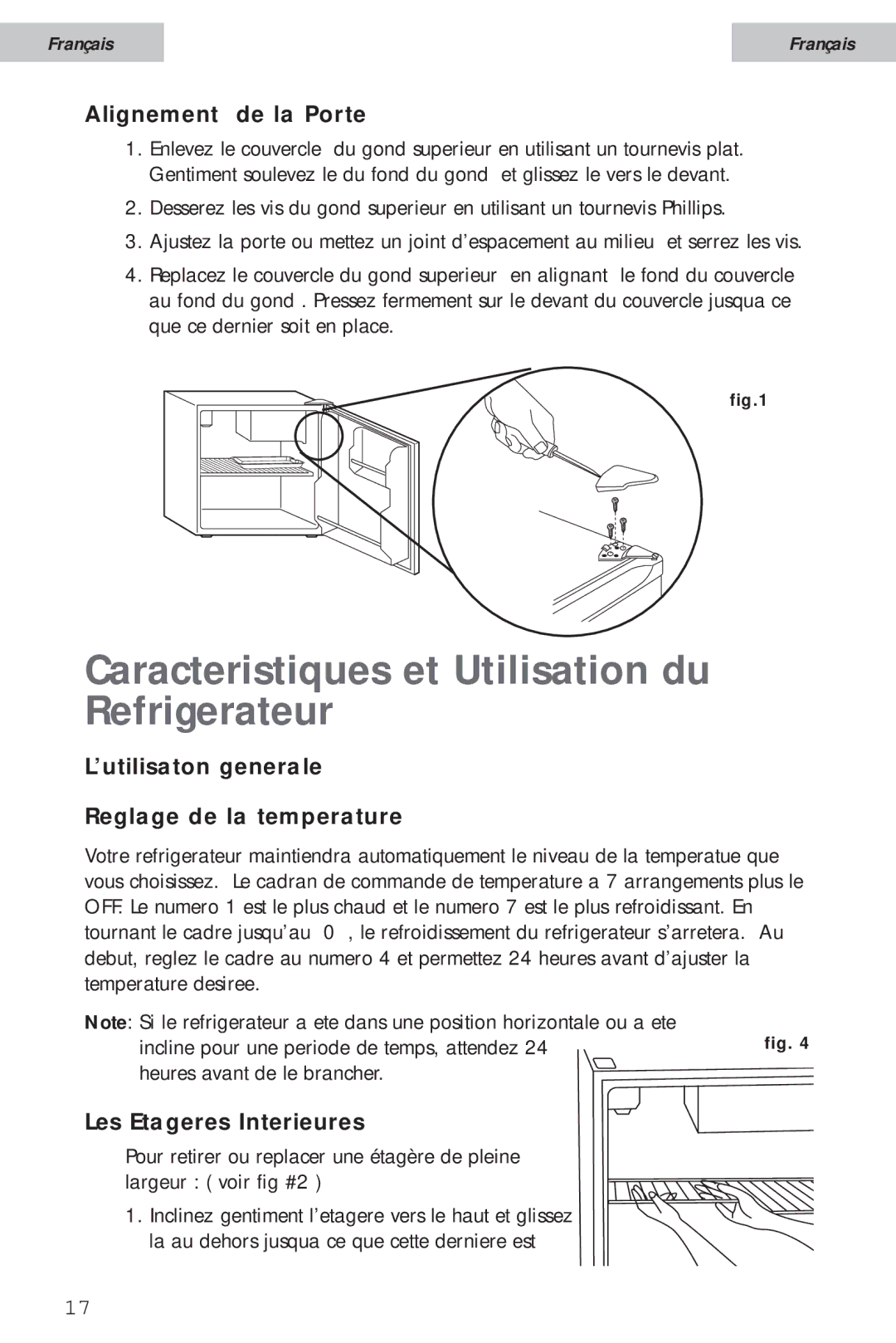 Haier HSA02WNC Caracteristiques et Utilisation du Refrigerateur, Alignement de la Porte, Les Etageres Interieures 