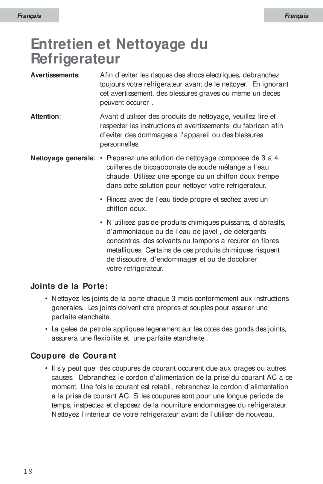 Haier HSA02WNC user manual Entretien et Nettoyage du Refrigerateur, Joints de la Porte, Coupure de Courant 