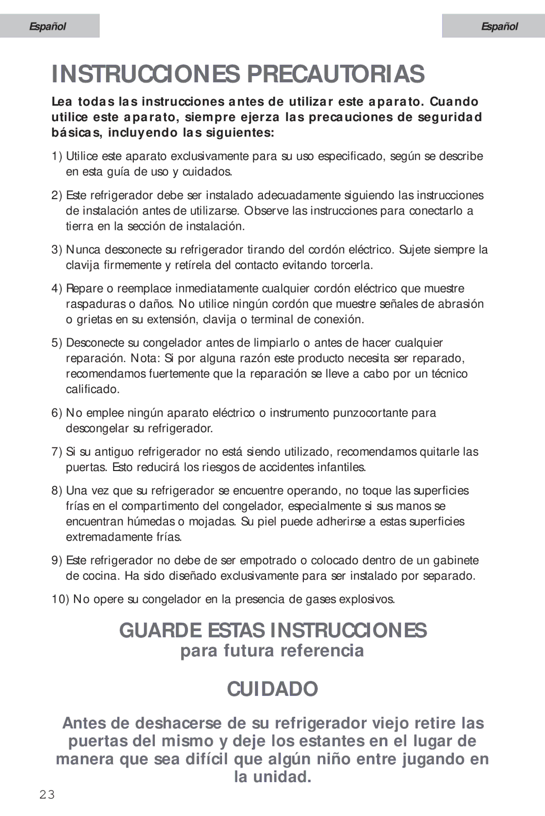 Haier HSA02WNC user manual Instrucciones Precautorias 