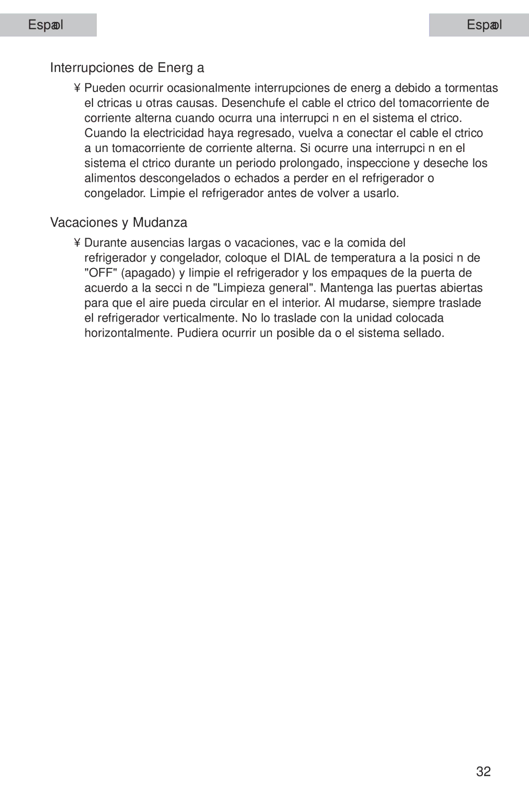 Haier HSA02WNC user manual Interrupciones de Energía, Vacaciones y Mudanza 