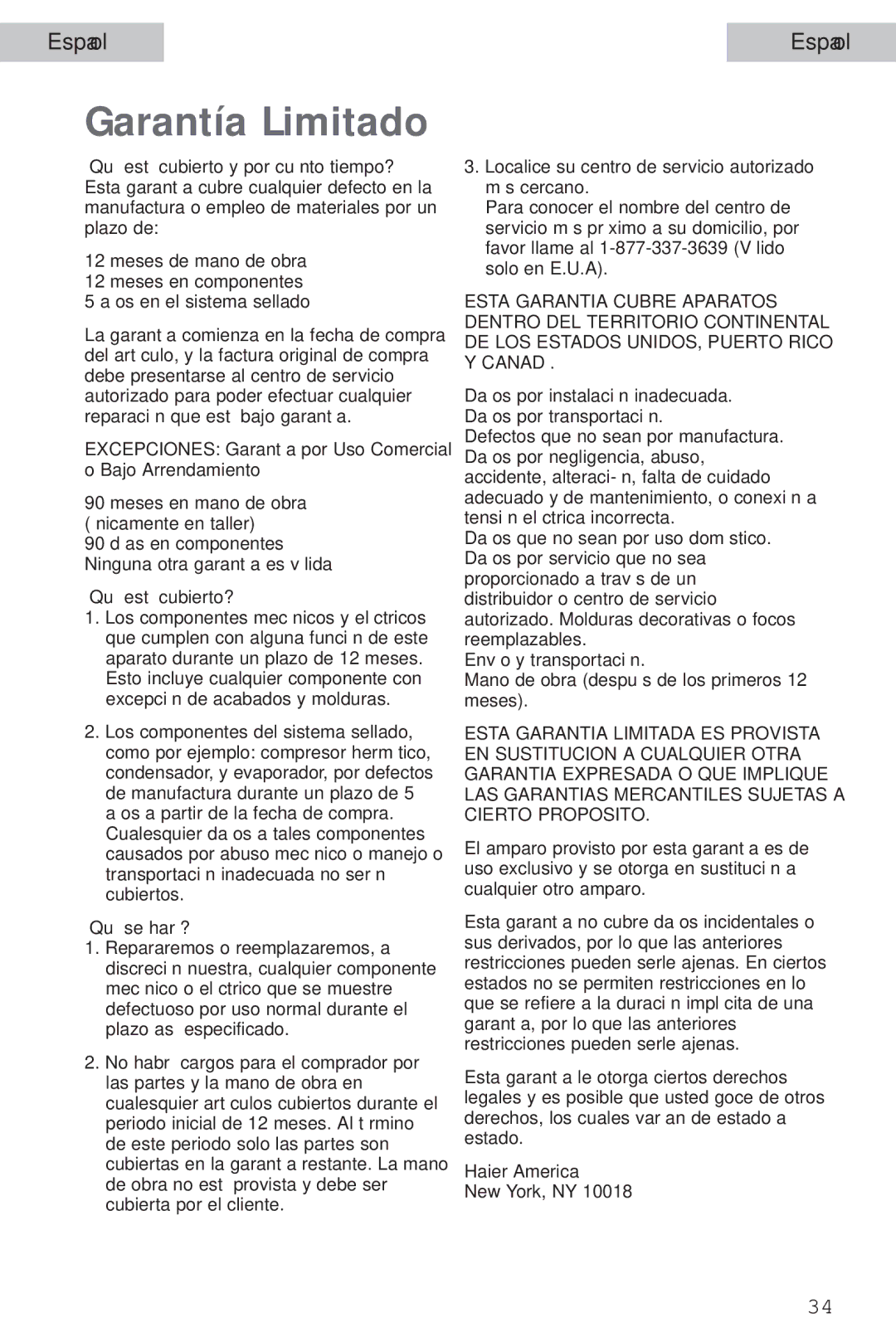 Haier HSA02WNC user manual Garantía Limitado 