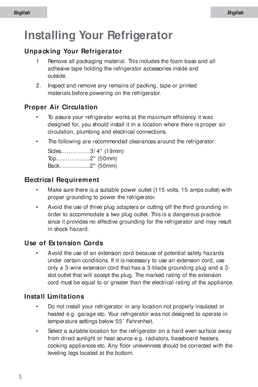 Haier HSA02WNC user manual Installing Your Refrigerator 