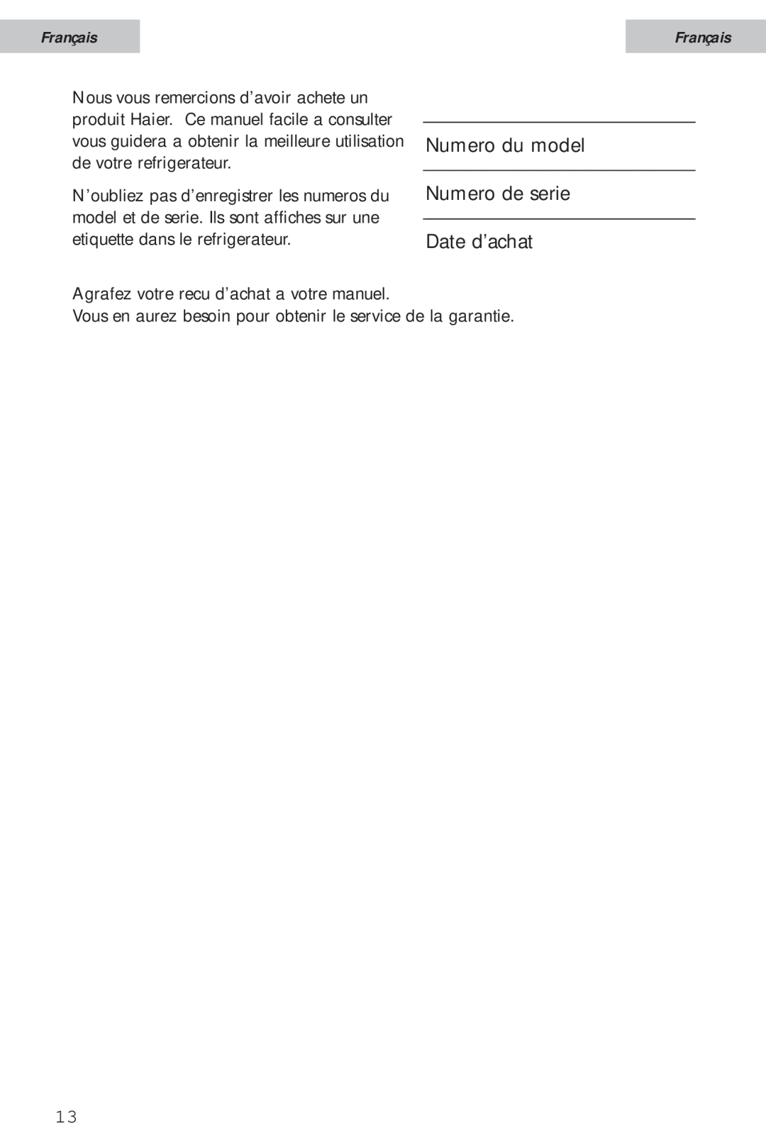 Haier HSA02WNC user manual Numero du model Numero de serie Date d’achat, cias, Français 
