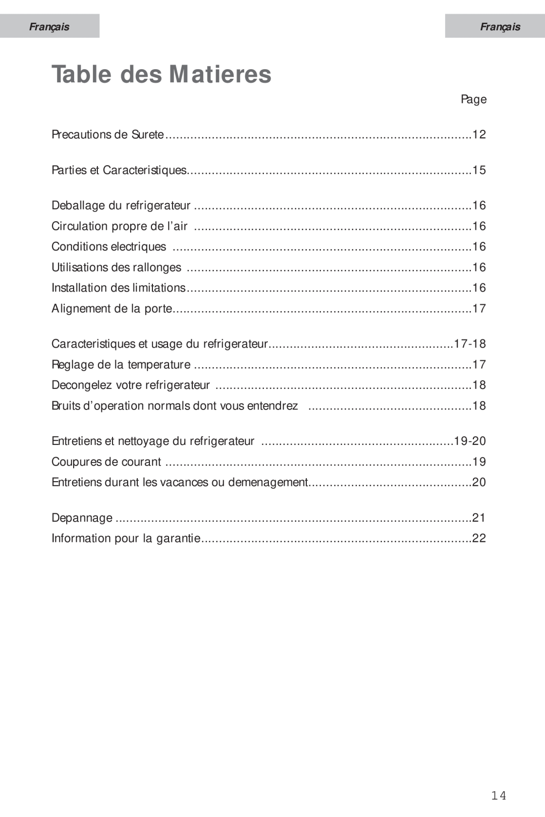 Haier HSA02WNC user manual Table des Matieres, Français 