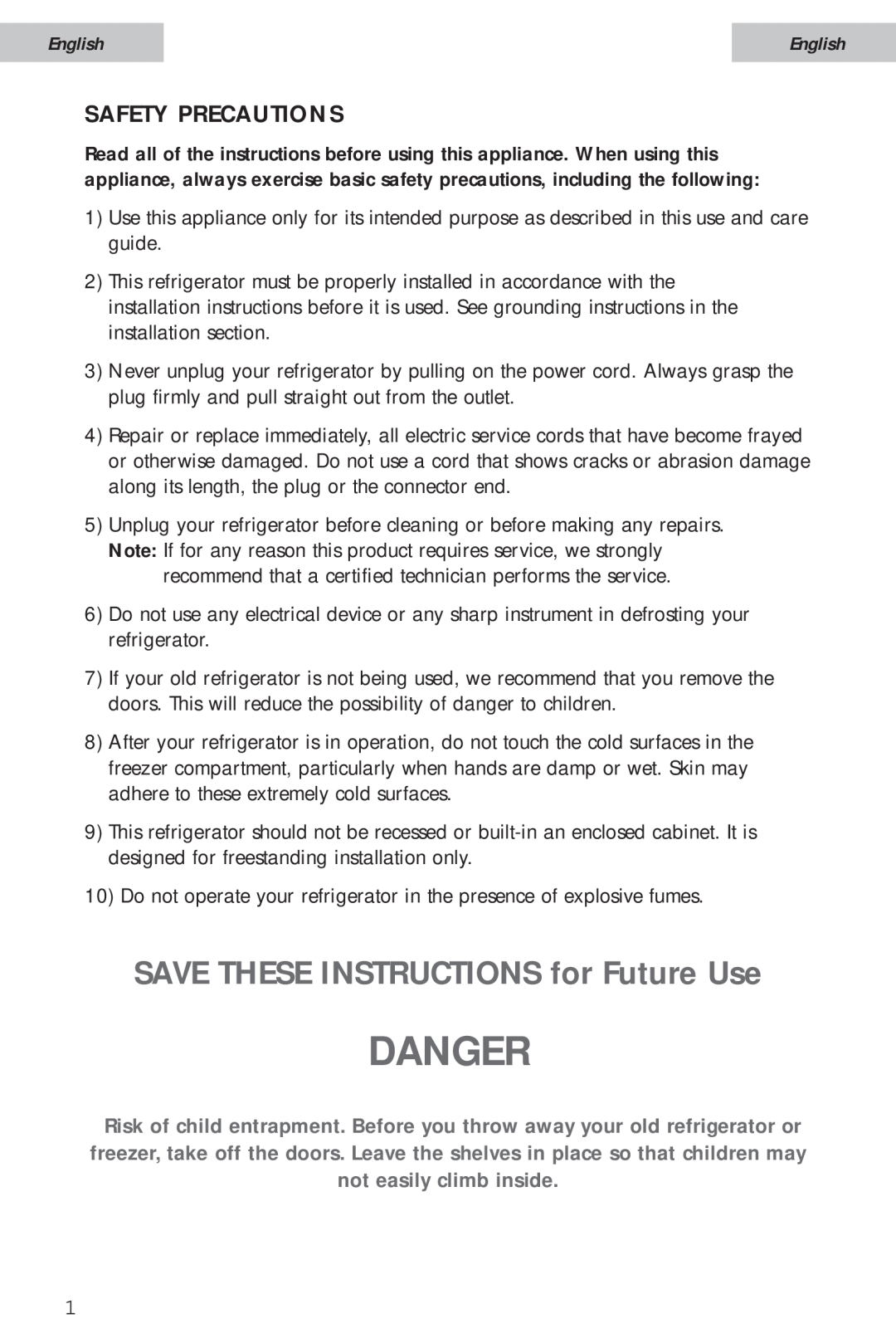 Haier HSA02WNC user manual Danger, SAVE THESE INSTRUCTIONS for Future Use, English, Safety Precautions 