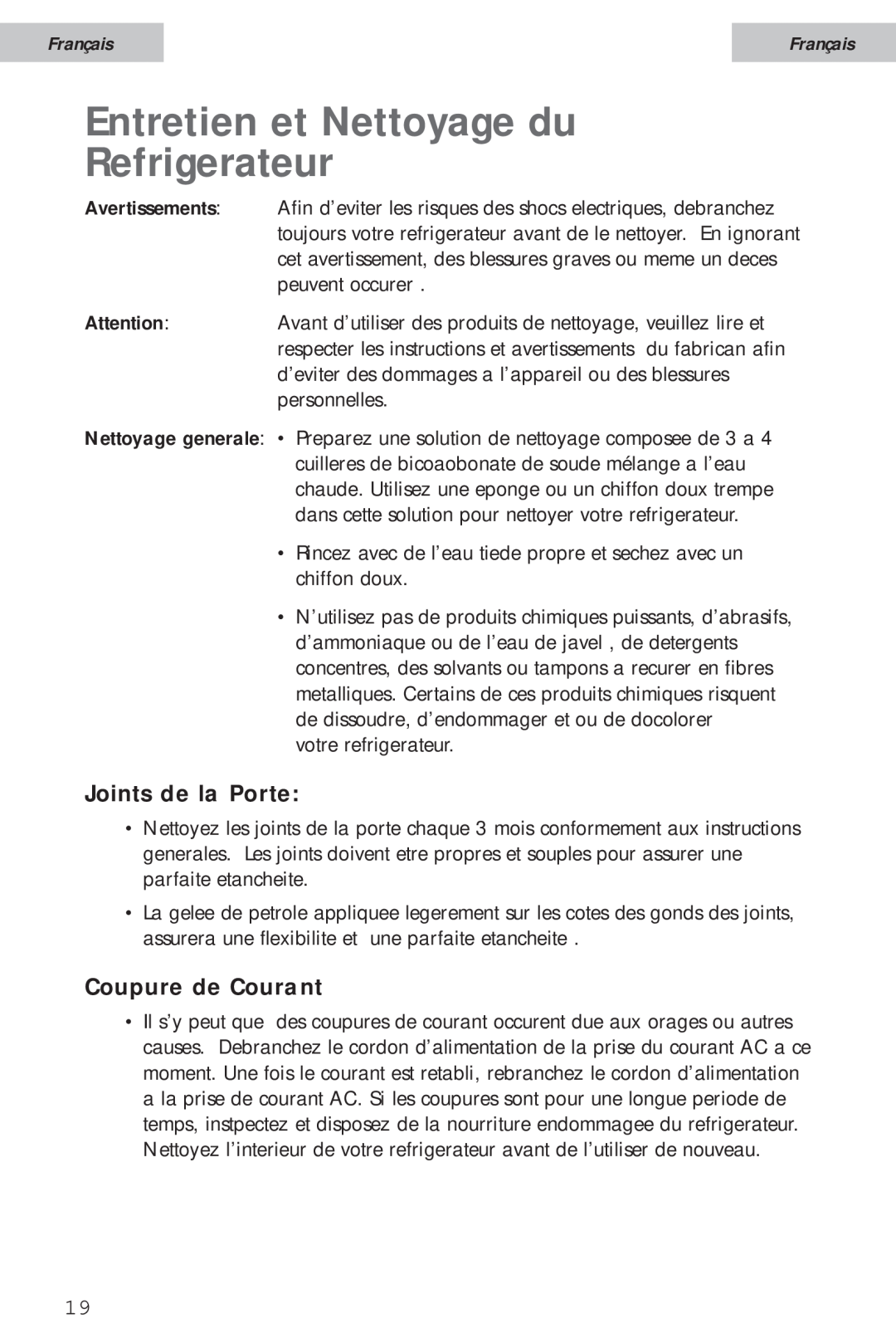 Haier HSA02WNC user manual Entretien et Nettoyage du Refrigerateur, Joints de la Porte, Coupure de Courant, Français, cias 