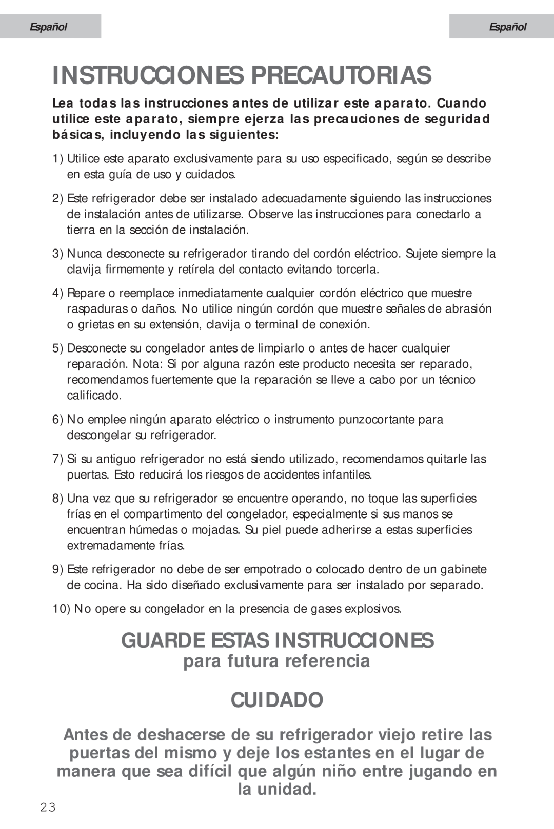 Haier HSA02WNC Instrucciones Precautorias, Español, Espapañol, Guarde Estas Instrucciones, Cuidado, para futura referencia 