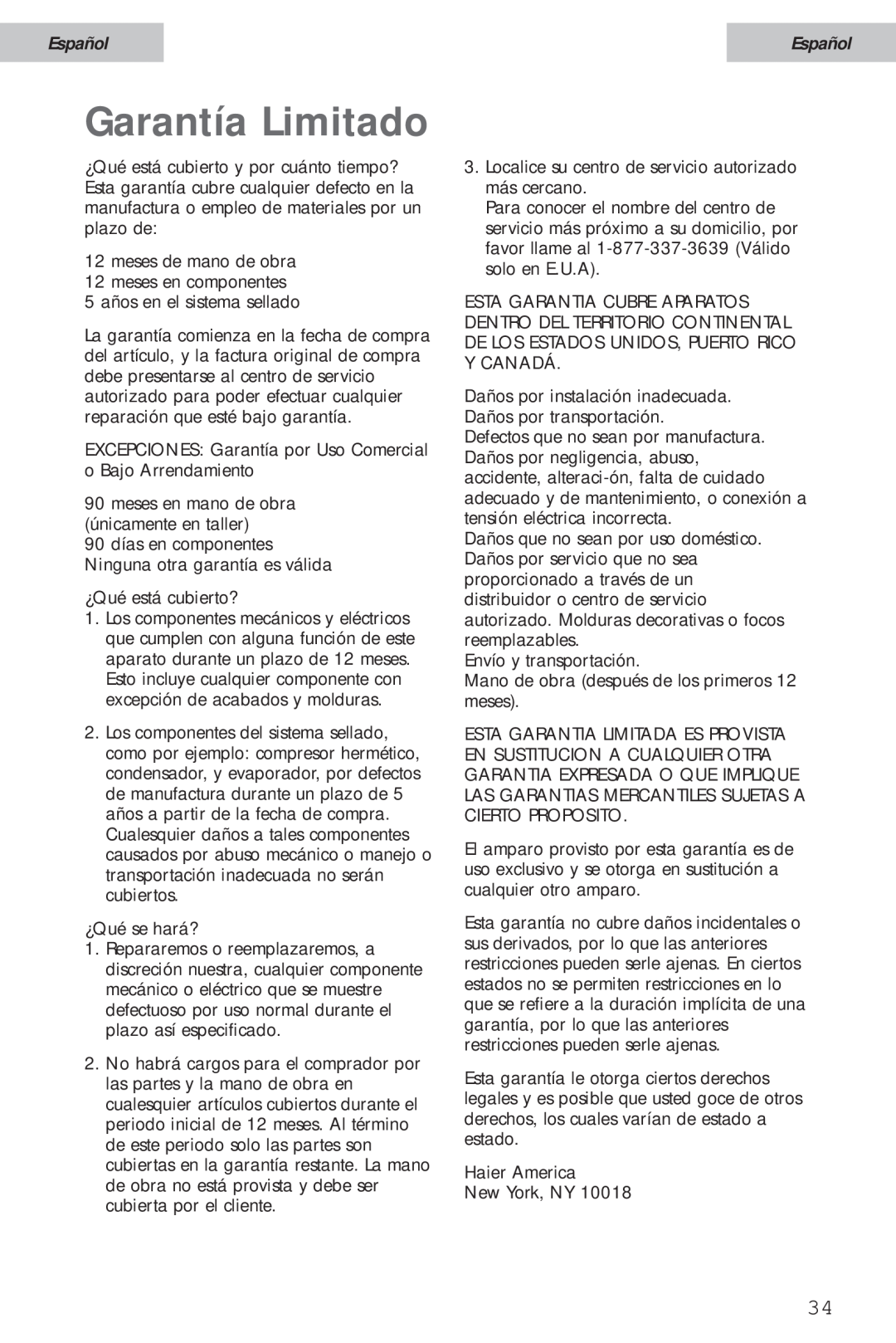 Haier HSA02WNC user manual Garantía Limitado, Español 