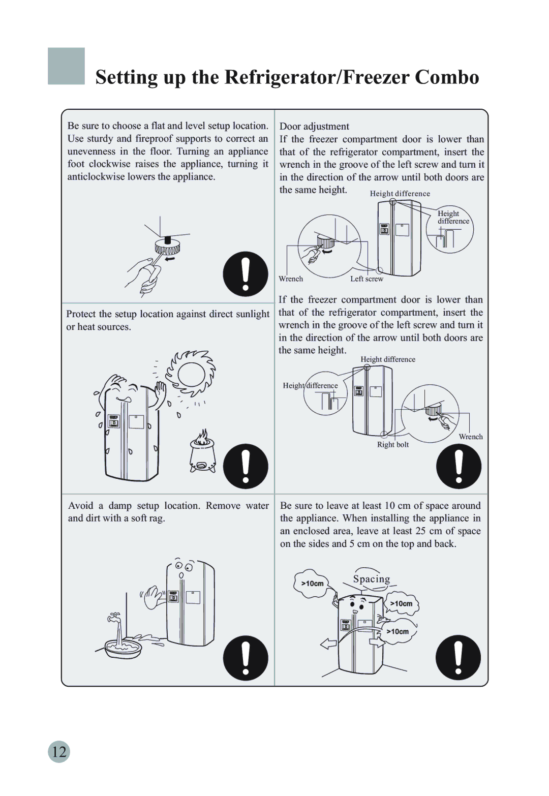 Haier HRF-661TSAA, HSBS562IS Setting up the Refrigerator/Freezer Combo, Use sturdy and fireproof supports to correct an 