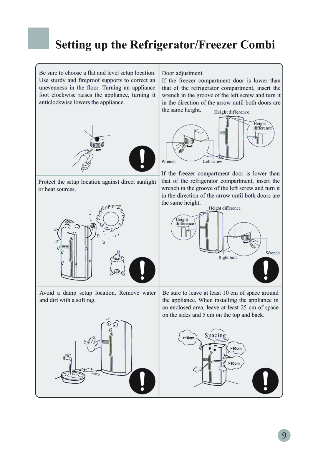 Haier HRF-663DSB2*, HSBS582AS Setting up the Refrigerator/Freezer Combi, Use sturdy and fireproof supports to correct an 