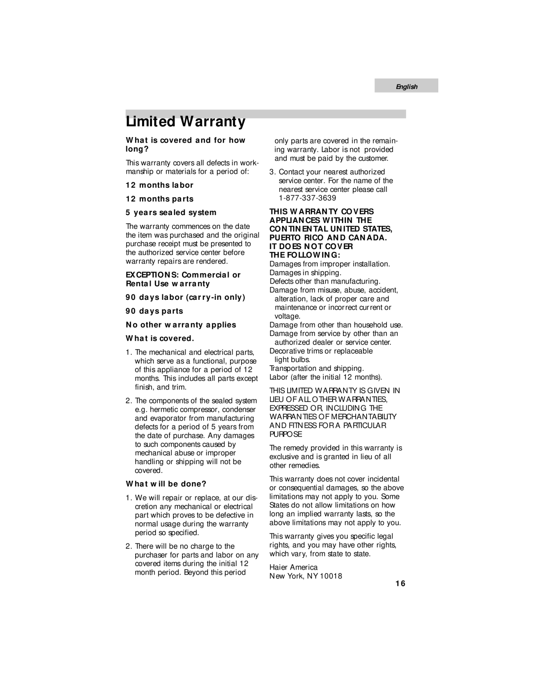 Haier HSE01WNA user manual Limited Warranty, Months labor Months parts Years sealed system 