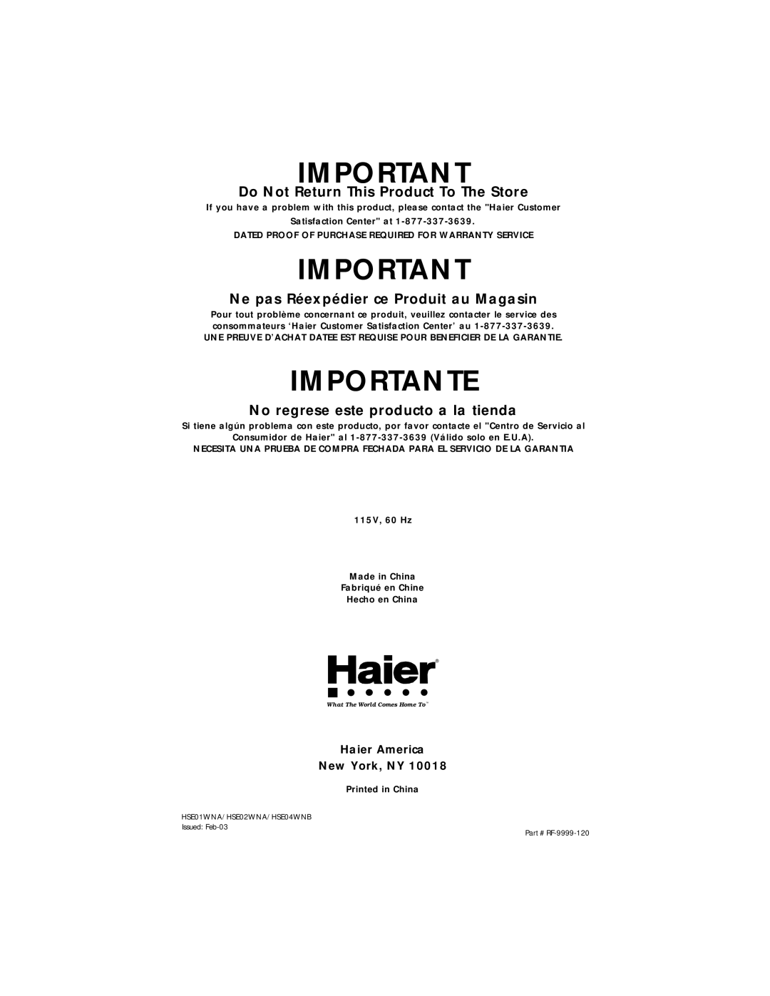 Haier HSE01WNA user manual Importante 