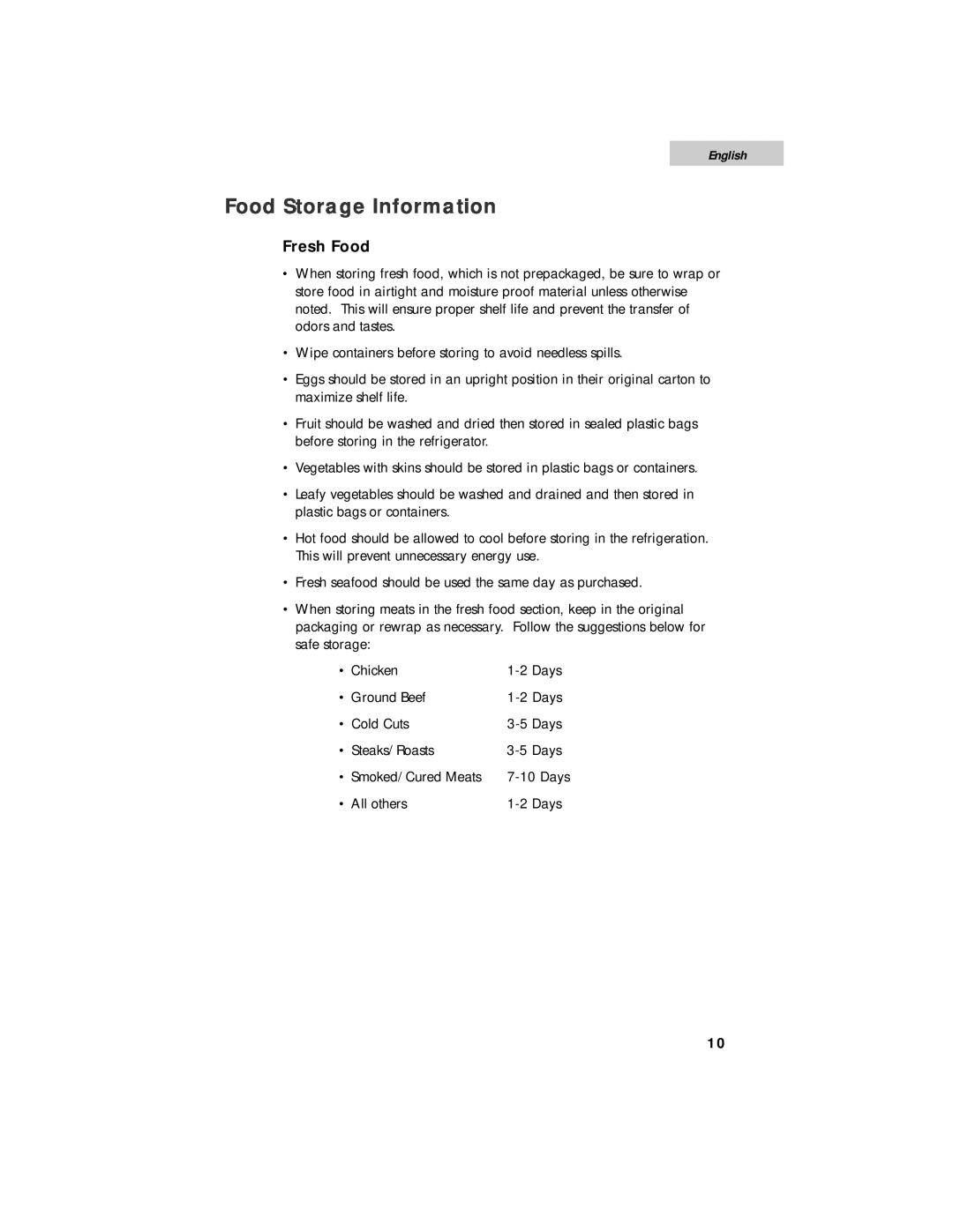 Haier HSE01WNA user manual Food Storage Information, Fresh Food, English 
