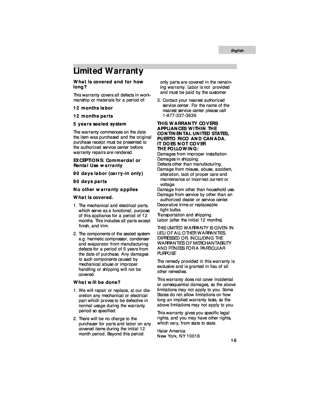 Haier HSE01WNA user manual Limited Warranty, English 