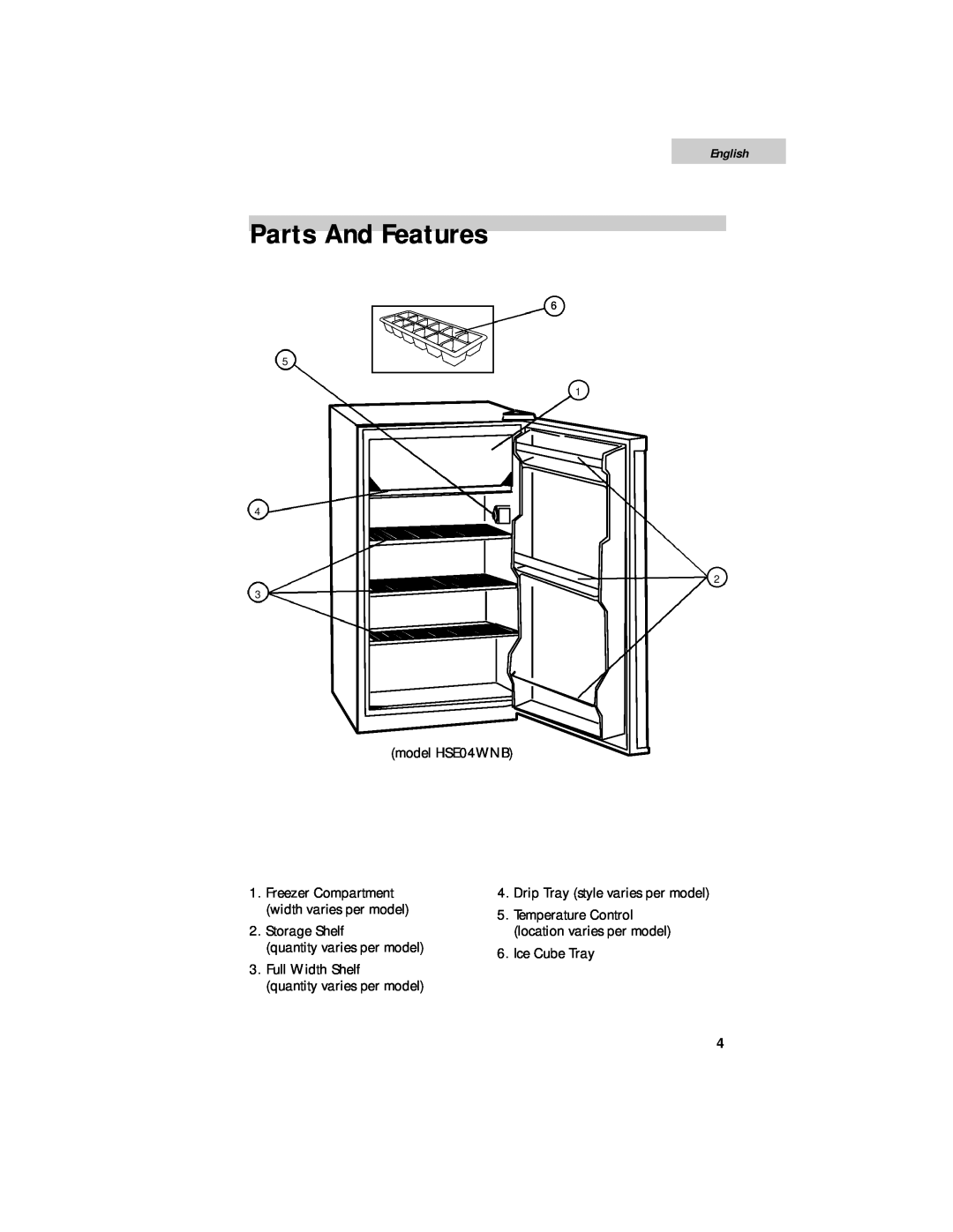 Haier HSE01WNA user manual Parts And Features, English 