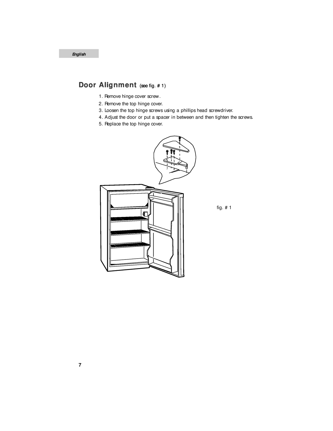 Haier HSE01WNA user manual Door Alignment see fig. #, English, Remove hinge cover screw, Remove the top hinge cover 