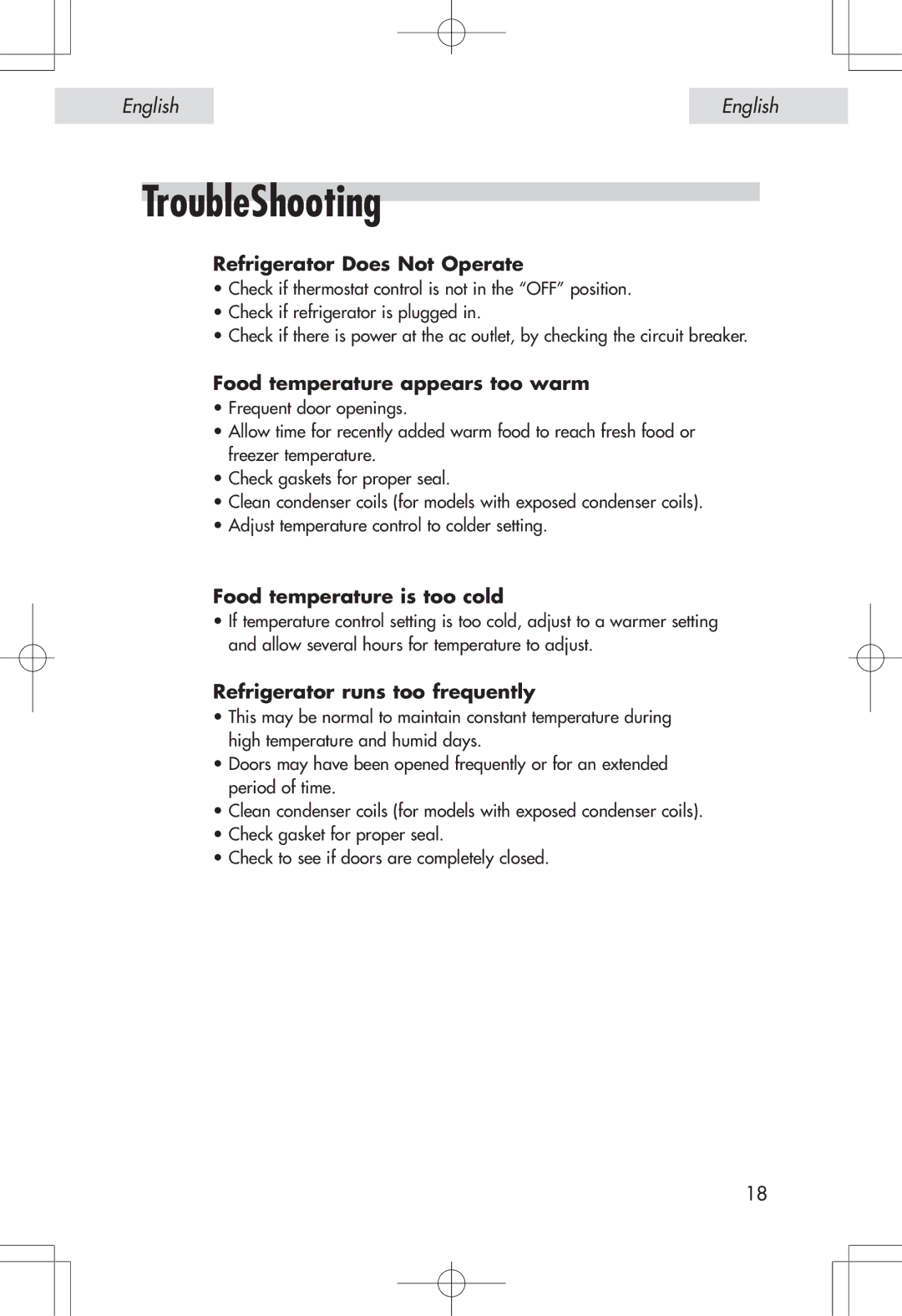 Haier HSP04WNA, HSE04WNA user manual TroubleShooting, Refrigerator Does Not Operate, Food temperature appears too warm 