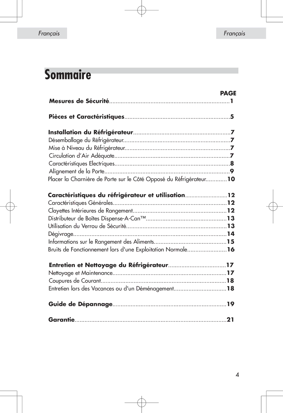 Haier HSP04WNA, HSE04WNA user manual Sommaire, Caractéristiques du réfrigérateur et utilisation 