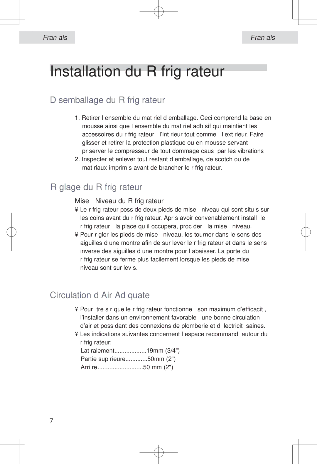 Haier HSE04WNA, HSP04WNA user manual Installation du Réfrigérateur, Désemballage du Réfrigérateur, Réglage du Réfrigérateur 