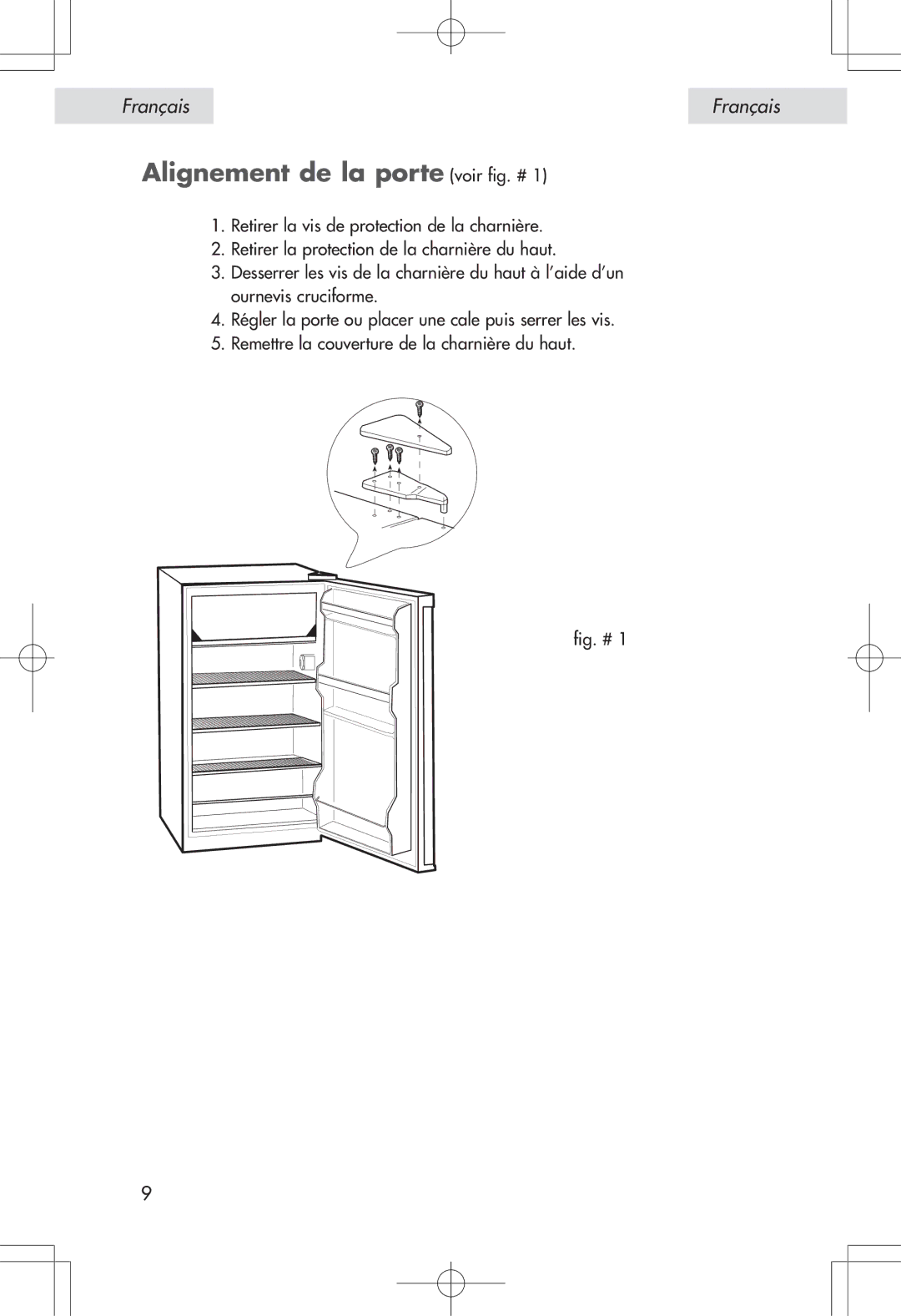 Haier HSE04WNA, HSP04WNA user manual Alignement de la porte voir fig. #, Fig. # 