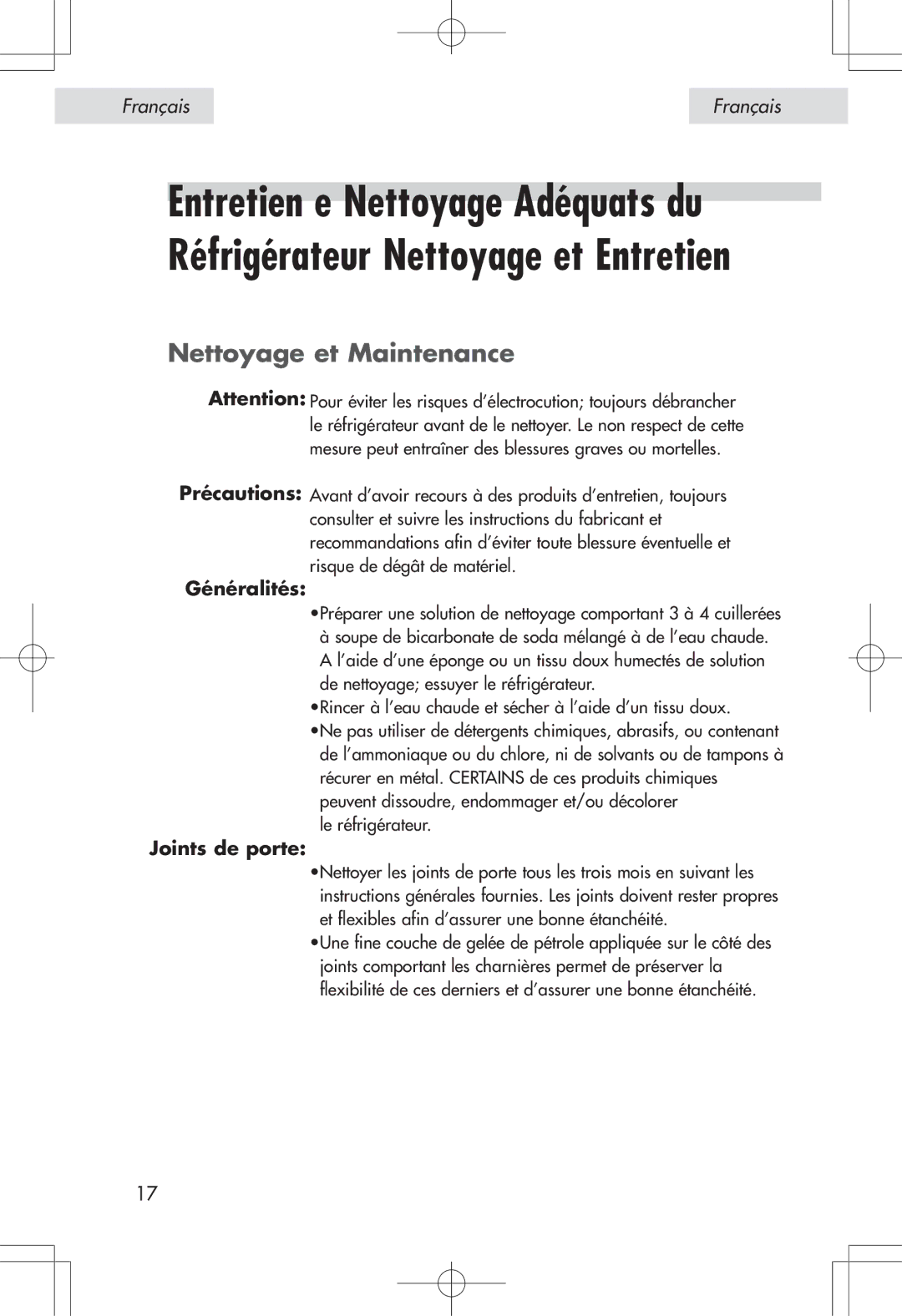 Haier HSE04WNA, HSP04WNA user manual Nettoyage et Maintenance, Généralités, Joints de porte 