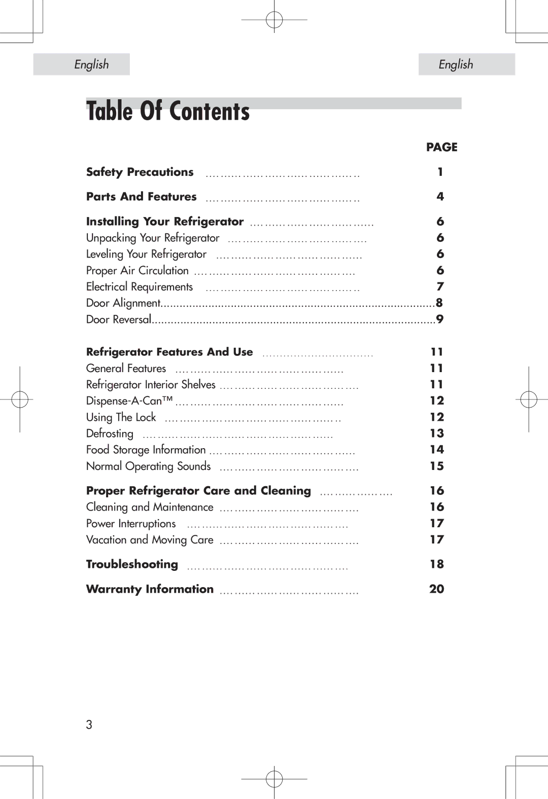 Haier HSE04WNA, HSP04WNA user manual Table Of Contents 