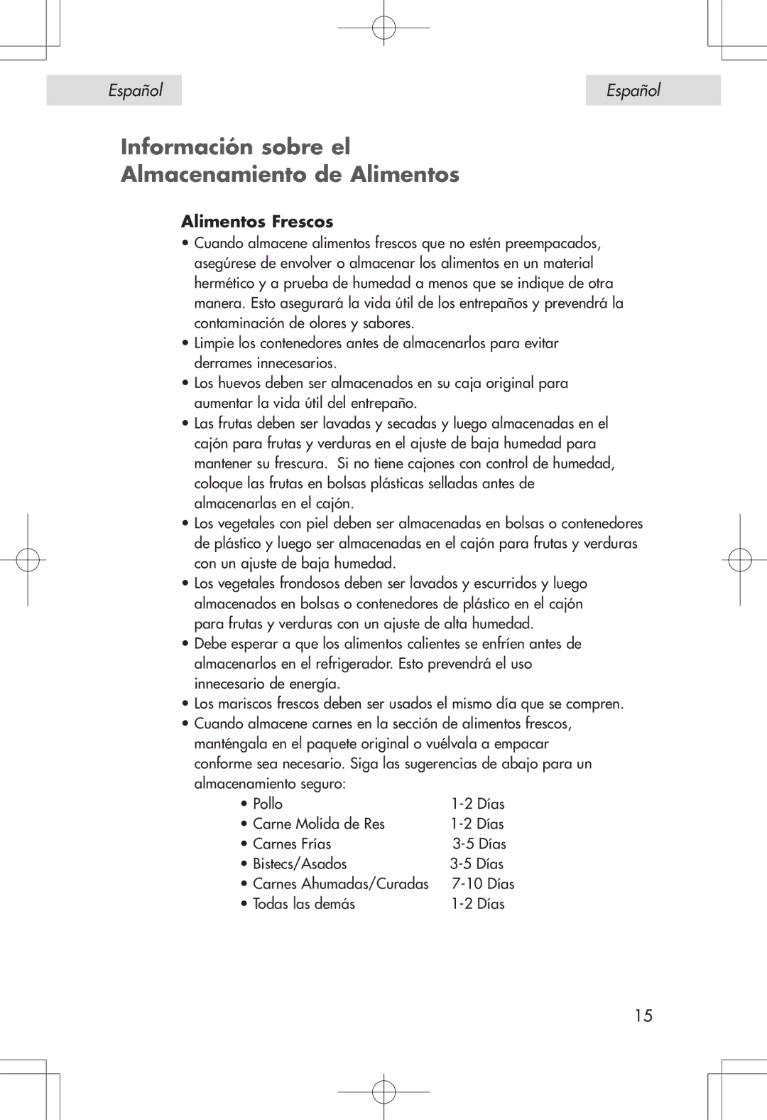 Haier HSP04WNA, HSE04WNA user manual Información sobre el Almacenamiento de Alimentos, Alimentos Frescos 