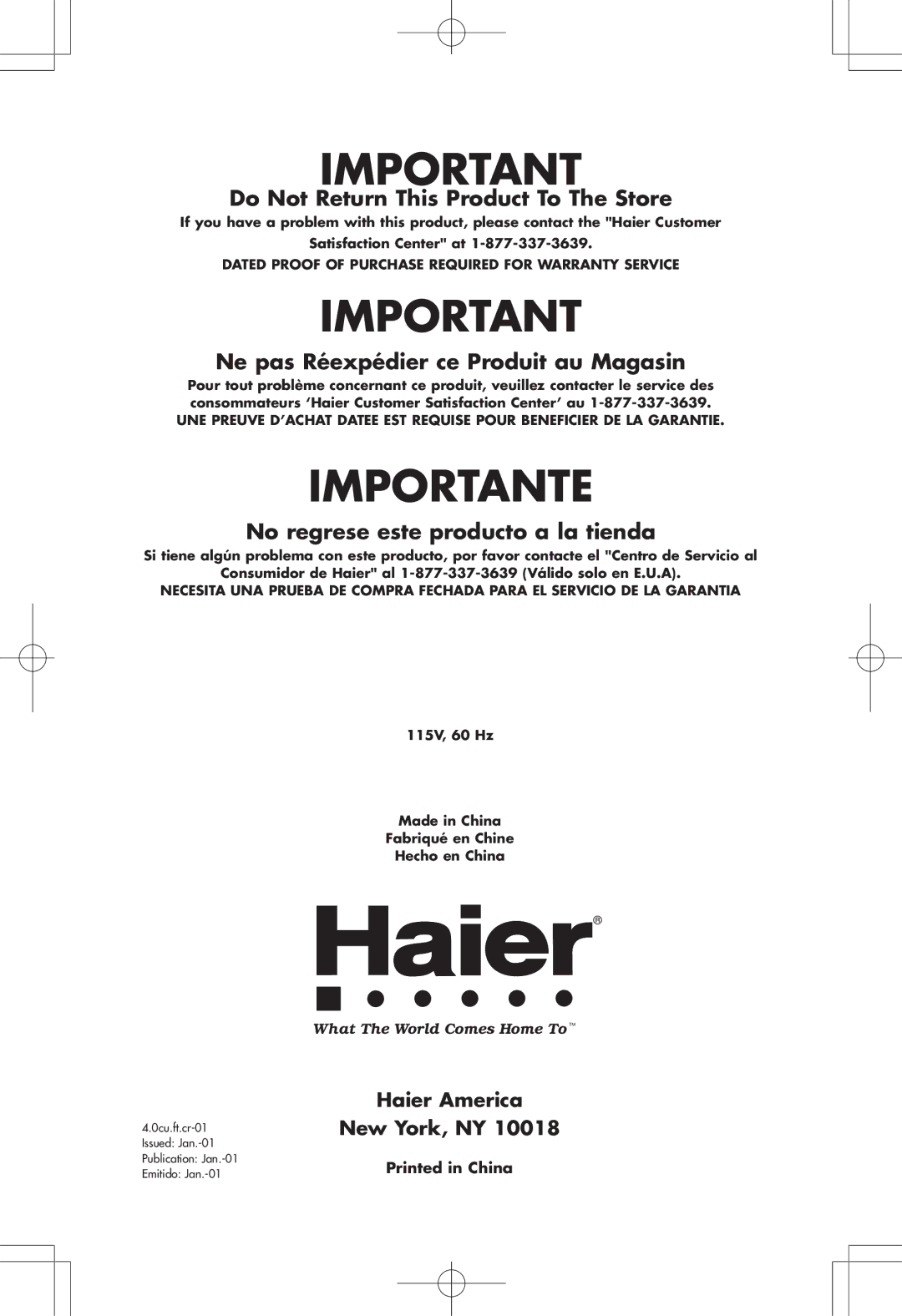 Haier HSE04WNA, HSP04WNA user manual Haier America, New York, NY 