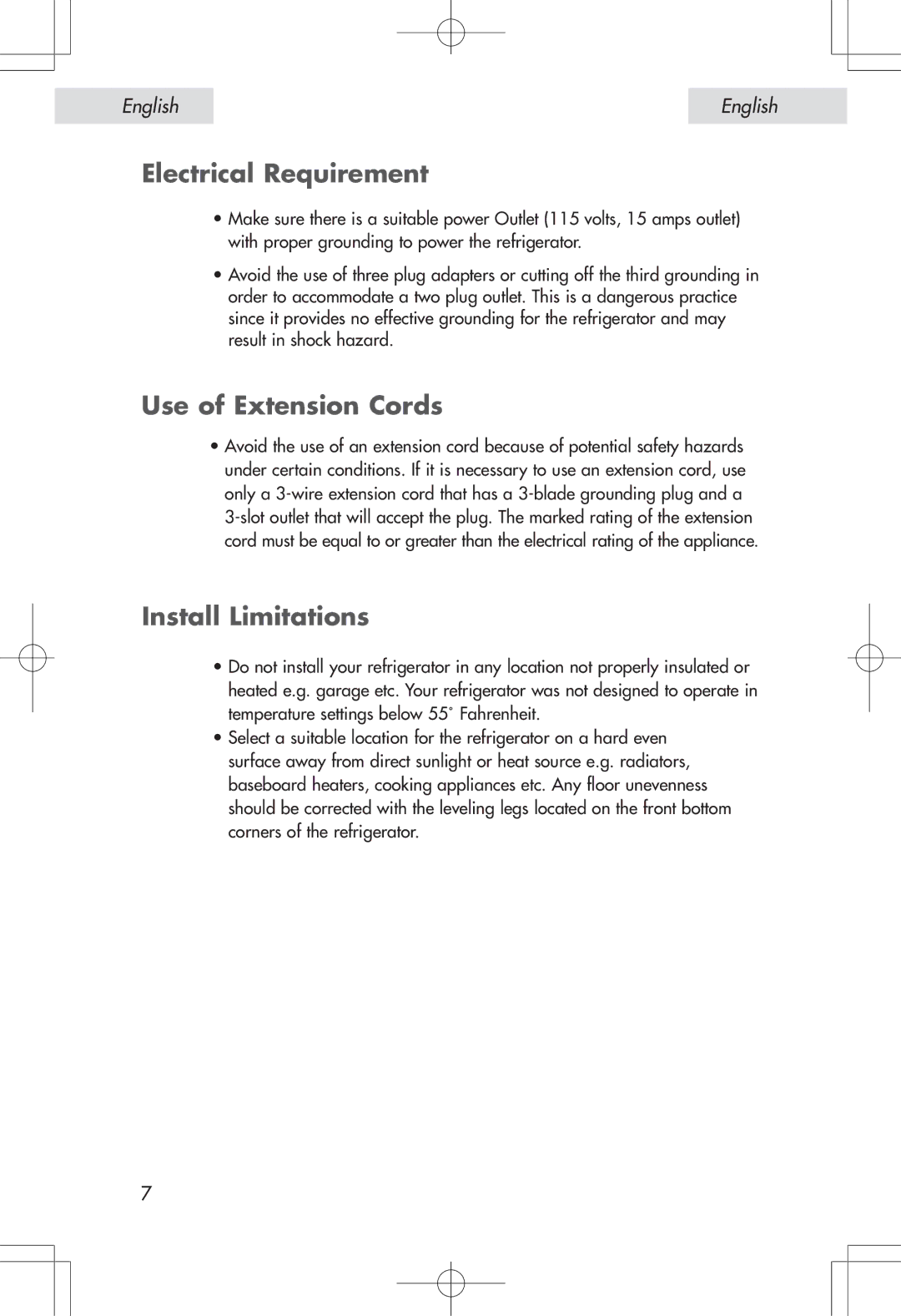 Haier HSE04WNA, HSP04WNA user manual Electrical Requirement, Use of Extension Cords, Install Limitations 