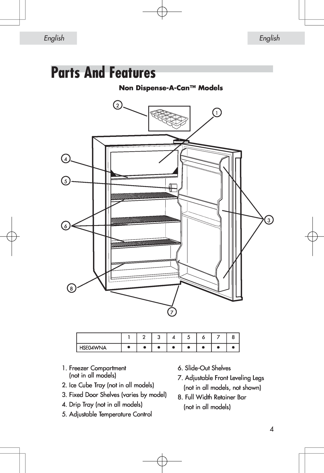 Haier HSP04WNA user manual Parts And Features, Non Dispense-A-CanModels, English, HSE04WNA, 2 1 4 