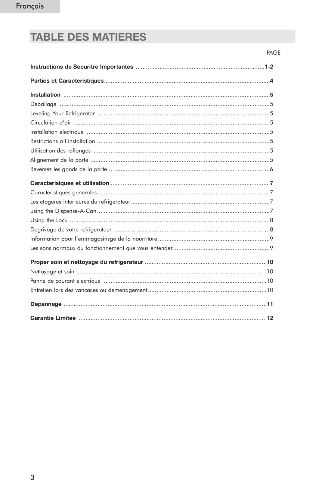 Haier HSE04WNC user manual Table DES Matieres 