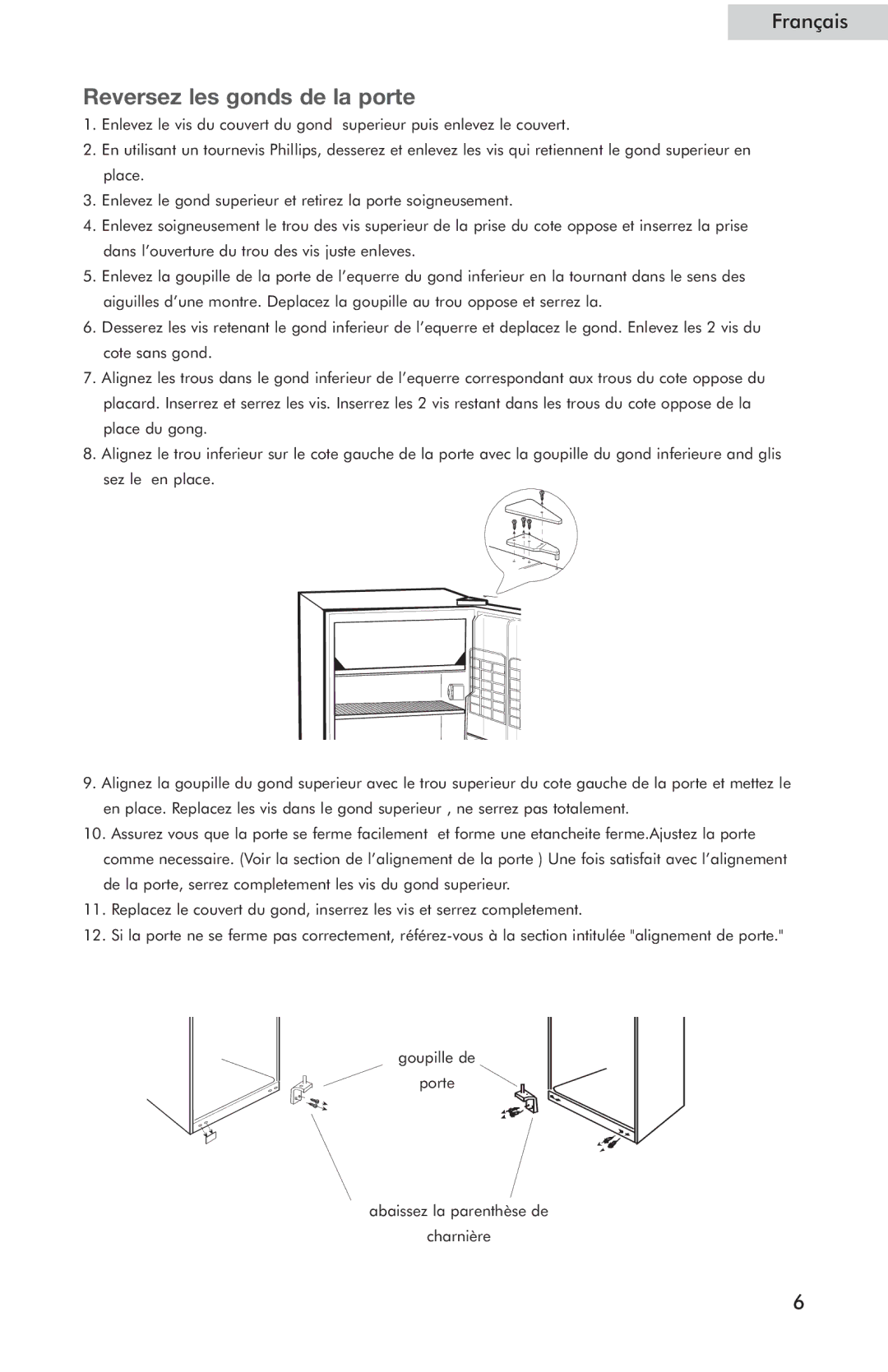 Haier HSE04WNC user manual Reversez les gonds de la porte 